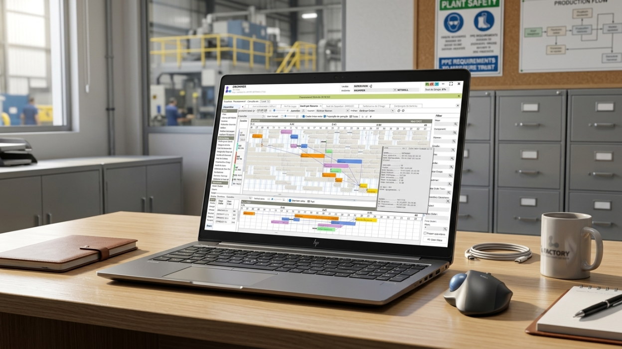 Drummer APS exibindo a programação da produção em um computador no ambiente industrial